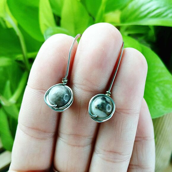 Hammered Wire Wrapped Amazonite Gemstone Dangle Earrings, 1.5" - Picture 3 of 4